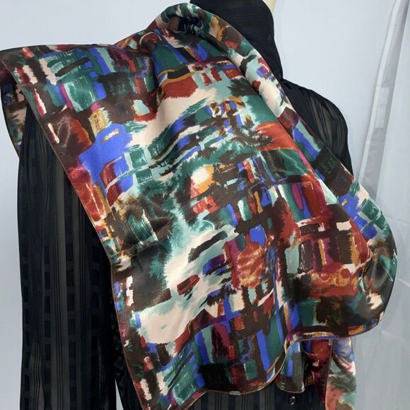 Vintage 80s Mademoiselle Large Square Satin Scarf 31x30 Abstract Green Red Cobal - Picture 9 of 11
